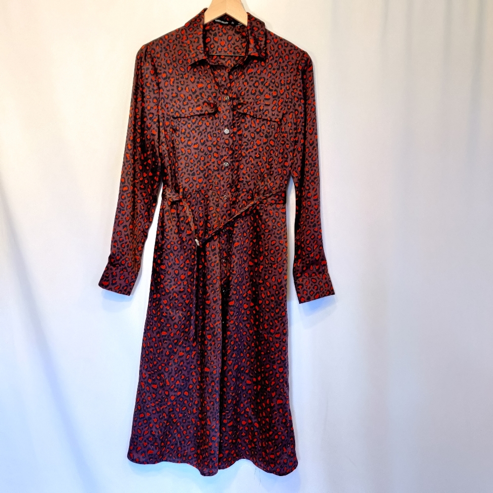 Karen Millen Red and Black Leopard Midi Shirt Dress